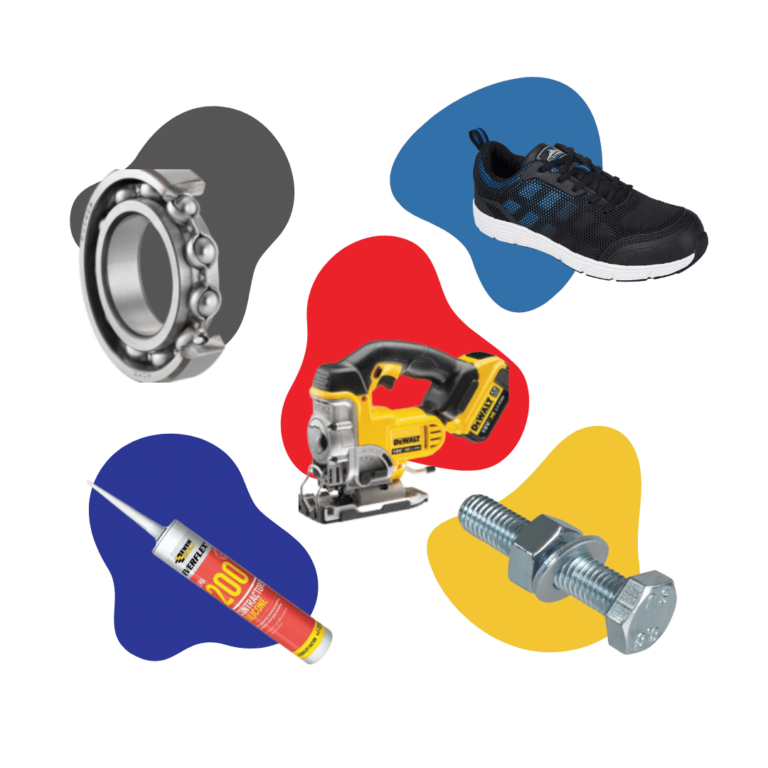 BS&P Products inc. a bearing, footwear, power tool and nut together